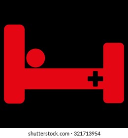 Hospital Bed vector icon. Style is flat symbol, red color, rounded angles, black background.