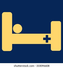 Hospital Bed vector icon. Style is flat symbol, yellow color, rounded angles, blue background.