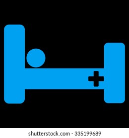 Hospital Bed vector icon. Style is flat symbol, blue color, rounded angles, black background.