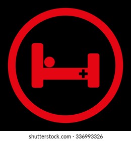 Hospital Bed vector icon. Style is flat rounded symbol, red color, rounded angles, black background.
