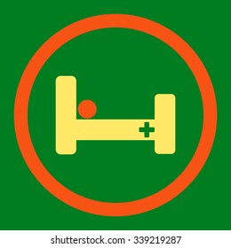 Hospital Bed vector icon. Style is bicolor flat rounded symbol, orange and yellow colors, rounded angles, green background.