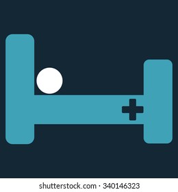 Hospital Bed vector icon. Style is bicolor flat symbol, blue and white colors, rounded angles, dark blue background.