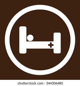 Hospital Bed vector icon. Style is flat rounded symbol, white color, rounded angles, brown background.