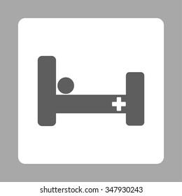 Hospital Bed vector icon. Style is flat rounded square button, dark gray and white colors, silver background.
