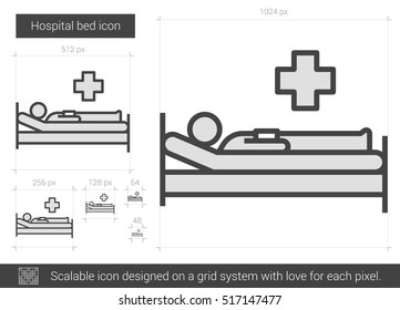 Icono de la línea vector de la cama del hospital aislado en fondo blanco. Icono de la línea de cama del hospital para infografía, sitio web o aplicación. Icono escalable diseñado en un sistema de cuadrícula.