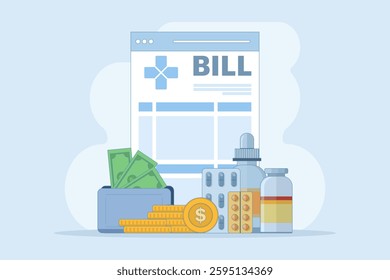 Hospital bill concept, invoice service fee, money wallet, medicine bottle or pills. Hospital Medical Billing Service with Health Form for Hospitalization or Treatment.