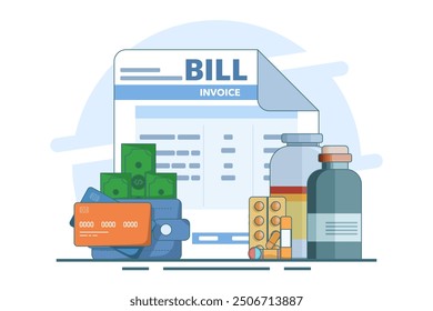 hospital bill concept. medical and health care. Health care wallet, money, pharmacy bottles, medicines and medical items, isolated white background with flat color line style.