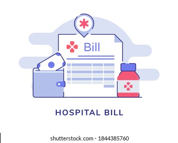 Hospital bill health care money wallet bottle pharmacy white isolated background with flat color outline style