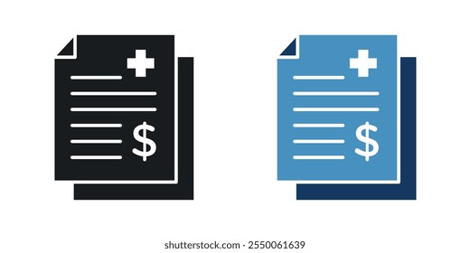 Hospital bill icon set in black and colored version