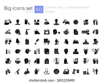 Hospital Black Glyph Icons Set On White Space. Sanitizing Routine. Common Cold Symptoms. Virus Protection. Protective Measures. Silhouette Symbols. Vector Isolated Illustration