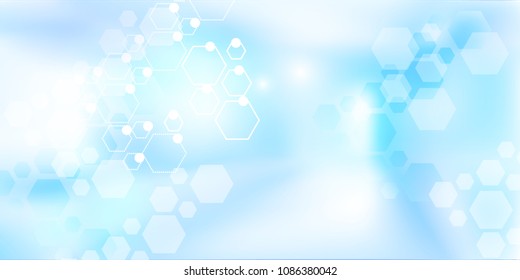 Hospital blurred background. Medical backdrop with molecules. Blur interior inside building with light background. Vector illustration.