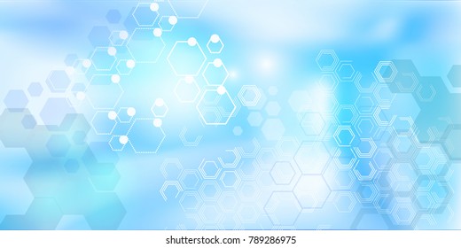 Hospital blurred background. Medical backdrop with molecules. Blur interior inside building with light background. Vector illustration.