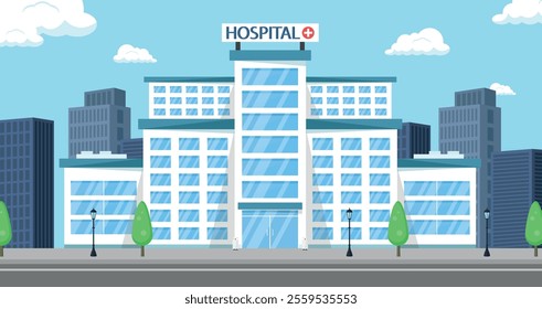 Hospital building against the background of a business center. Medical center, clinic.