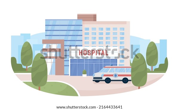 Hospital building and ambulance 2D vector isolated\
illustration. Medical service. Flat cityscape on cartoon\
background. Colourful editable scene for mobile, website,\
presentation. Akrobat font\
used