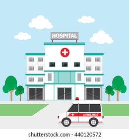 Hospital Building And Ambulance, Architecture, Exterior, Medical, Vehicle, Healthy, Emergency