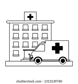 hospital building and ambulance black and white