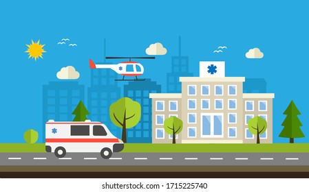 Hospital building and ambulance car. Background, web banner Vector illustration