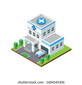 Hospital building with ambulance car. Flat Isometric style illustration editable vector