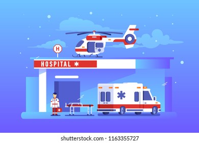 Hospital building with ambulance car and helicopter