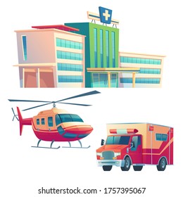 Hospital building, ambulance car and helicopter isolated on white background. Vector cartoon illustration of medical clinic, urgent first aid service, emergency rescue and ambulatory service