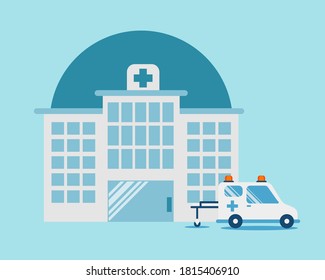 Hospital building and ambulance car icon. Cartoon vector style for your design.