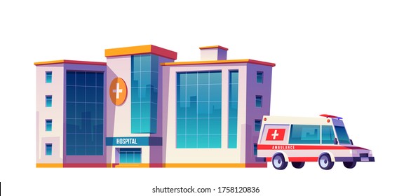 Hospital building and ambulance car isolated on white background. Vector cartoon illustration of medical clinic, urgent first aid service, emergency rescue and ambulatory service