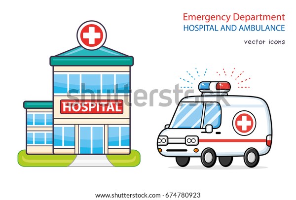 Hospital building and ambulance car isolated,\
emergency department vector\
icons.