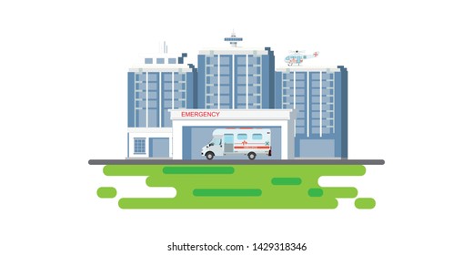 Construcción hospitalaria con camión de ambulancia y helicóptero médico de urgencia aislado en blanco, concepto de salud ilustración vectorial. 