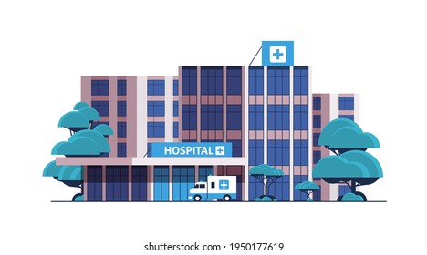 Hospital Building And Ambulance Car Medical Center Concept Modern Clinic Exterior