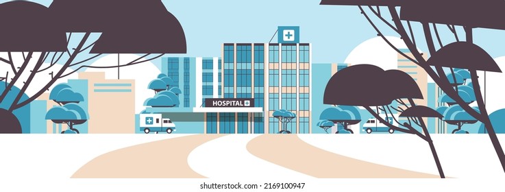 Hospital Building And Ambulance Car Medical Center Concept Modern Clinic Exterior Healthcare Concept