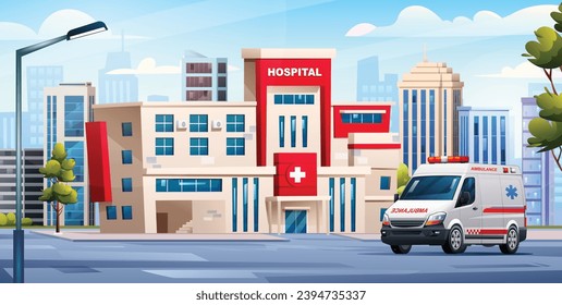 Krankenhausgebäude mit Krankenwagen. Medizinische Konzeption, Hintergrund - Illustration