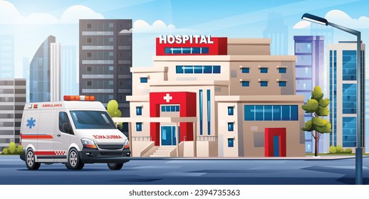 Hospital building with ambulance car. Medical concept design background landscape illustration