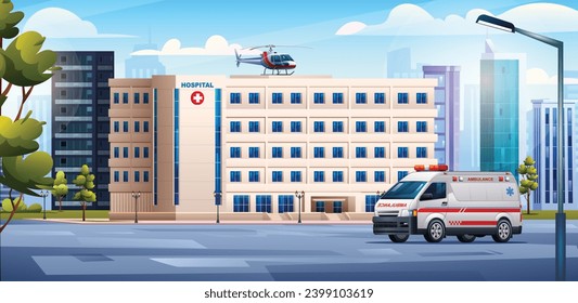 Edificio de hospitales con auto de ambulancia y helicóptero médico. Ilustración de antecedentes del diseño del concepto de clínica médica