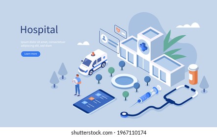 Hospital Building and Ambulance Car. Stethoscope and Medicament Bottles lying around. Health Care Services and Online Medicine Concept. Flat Isometric Vector Illustration.
