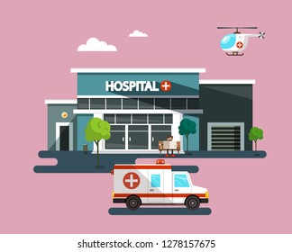 Hospital Building with Ambulance Car. Vector Flat Design Illustration.