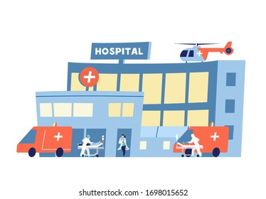 Hospital building with ambulance cars arriving with sick people. Doctors in protective overalls and masks with patient in medical bed during coronavirus epidemic. Flat vector illustration.