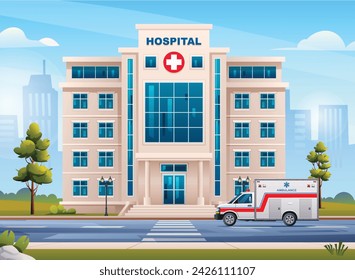 Hospital building with ambulance emergency car on cityscape background. Vector illustration
