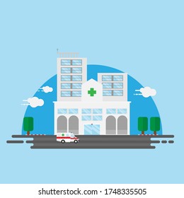 Construcción de hospitales con diseño de vector plano de ambulancia aislado en segundo plano.