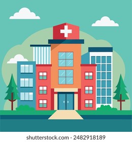 hospital building with ambulance flat vector illustration
