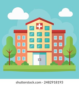edificio del hospital con la Ilustración vectorial plana de la ambulancia