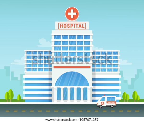 hospital building with ambulance and helicopter\
in flat design.\
vector.
