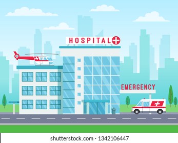 Hospital building with ambulance helicopter on roof and car standing on road, medical services, clinic building with big windows, vector illustration in flat style