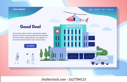 Hospital building with ambulance and helicopter, vector illustration. Medical health care center, doctor and nurse cartoon characters in front of modern clinic building. Hospital website design