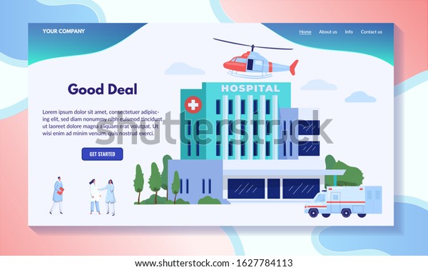 Hospital building with ambulance and helicopter,\
vector illustration. Medical health care center, doctor and nurse\
cartoon characters in front of modern clinic building. Hospital\
website design