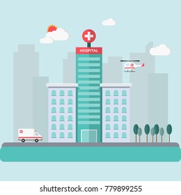 Hospital building with ambulance. Modern medical center construction in big city.