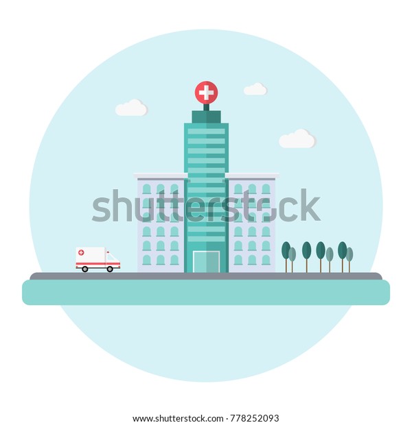 Hospital building with ambulance. Modern medical\
center construction in big\
city.
