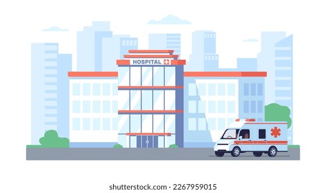 Hospital building. Ambulance van. City background. Urgent help. Clinic architecture facade. Medicine and health care service. Automobile minivan. Modern medical aid