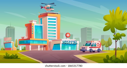 Hospital building with ambulance van, helicopter on roof, cityscape with trees and skyscrapers. Vector modern healthcare clinic architecture, first emergency transport, urgency ambulatory office