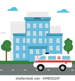 Hospital building with an ambulance. Vector flat illustration. 