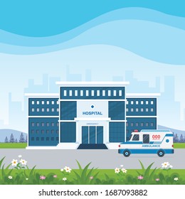 Hospital building with ambulance Vector illustration, hospital and medical and emergency services. beautiful medical concept with green grass, blue sky and blue building silhouette background